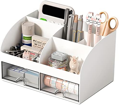 COMFYROOM Desk Organizer with 6 Compartments and 2 Drawers, Plastic Makeup Organizer, Pen Holder for Desktop Storage, Desk Organization for School, Home, Office Supplies (White)