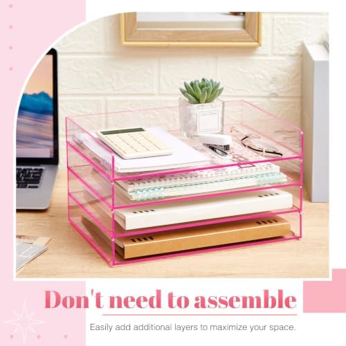 Harloon 4 Tier Clear Hot Pink Acrylic Paper Organizer Letter Tray, Aesthetic Stackable Low Profile Desk File Organizer Modern Heavy Duty Paper Holder Tray for A4, Office Home File Pad Books Notes