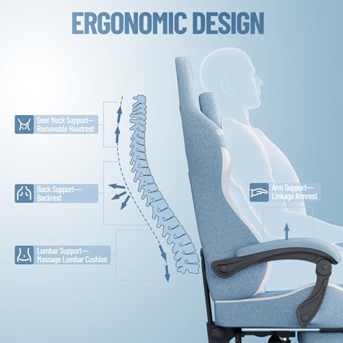 Ferghana Fabric Ergonomic Gaming Chair, High Back Computer Video Game Chair with Footrest, Linkage Armrest & Massage Lumbar Support for Adult, Blue/White