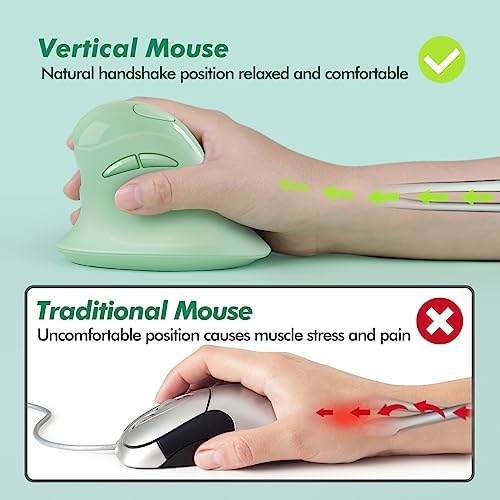 MicroPack Ergonomic Vertical Wireless Mouse, Silent Cordless Mouse with USB-A & Type-C Receiver, 800/1200/1600 DPI, 6 Buttons, Reduces Wrist Strain for Windows, Mac, PC & Laptop Green