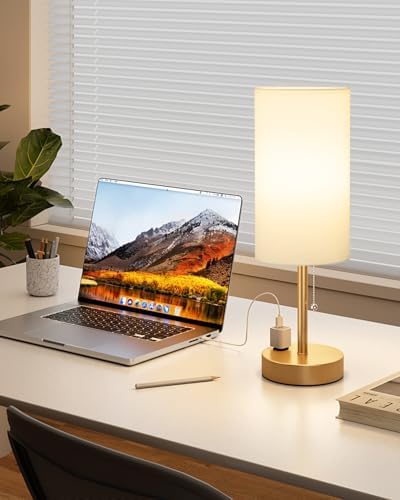 17.4" Gold Bedside Table Lamps Set of 2 - Bedroom Lamp, USB C+A, AC Outlet