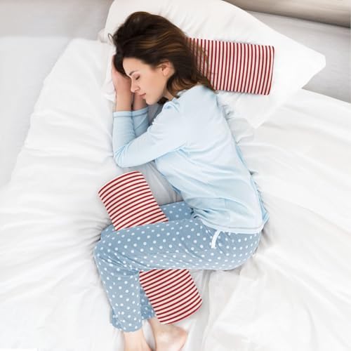 Red White Stripes Neck Roll Pillow - Extra Dense Memory Foam Round Cylinder Bolster for Cervical Support, Spondylosis, Neck Pain Relief
