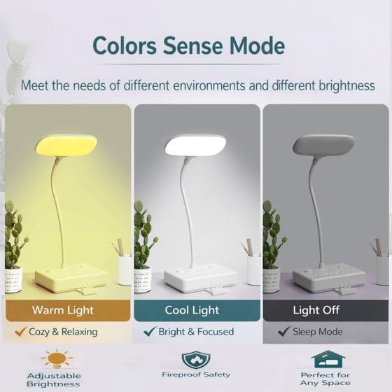 LED Desk Lamp with 4 AC Outlets, 2 USB Charging Ports, Gooseneck, Dimmable, 4ft Cord for Reading, Working, Studying