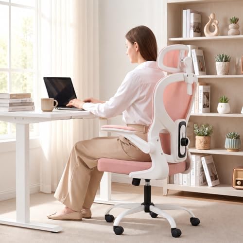 Ergonomic Office Chair with Adjustable Headrest & Lumbar Support, High Back Mesh Desk Chair, 330 LBS Capacity Swivel Computer Chair with Flip-Up Arms, Home Office Gaming Chair(Pink)