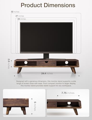 Tinamo Wood Monitor Stand with Drawer & Storage, Walnut Color (Patented)