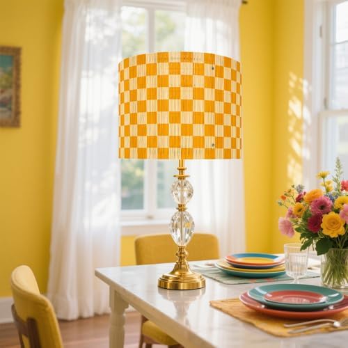 Modern Lamp Shade with Colorful and Natural Checkered Pattern Bamboo Made, Translucent Drum Shape, 11.8 Inch for Table and Floor Lamps, Ideal for livingroom bedroom (Orange)