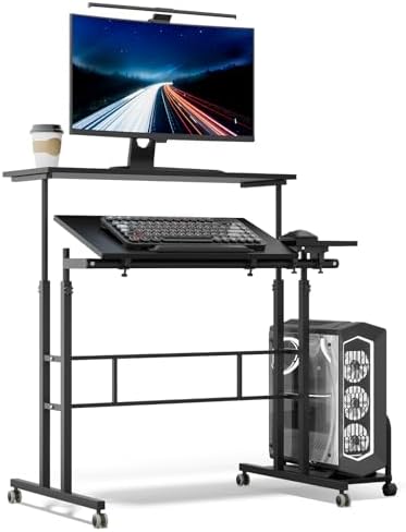 Athena Collection Rolling Standing Desk with CPU Holder, Black