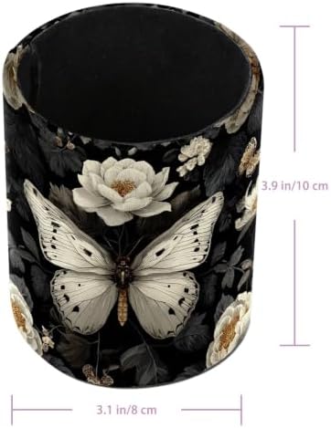 Leather Pen Holder for Desk, White Butterfly Pencil Cup Pen Organizer Makeup Brush Holder for Office Home Kids Countertop Desk Accessory Storage