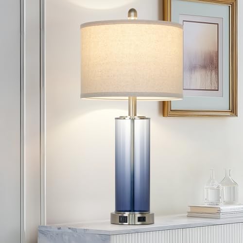 Ruzectt 26" Glass Table Lamp Single, 3-Way Dimmable Touch Control Living Room Lamp with USB C+A Ports & AC Outlet, Coastal Bedside Lamps, Bedroom Lamps for Nightstand Side End Table Desk, Blue-1PK