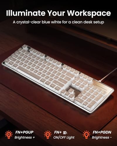 SEUNKWANG Wired Backlit Keyboard with Pudding Keycaps, Quiet Full Size Computer Keyboard White Backlight Easy-to-Read, Never Fade, Metal Panel, USB Cute Desk Setup for Windows PC Desktop, White