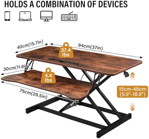 37 Inch Standing Desk Converter, Height Adjustable Desktop Standing Desk, Stand Up Riser Compatibles with 2 Computer, Stand Up Converter Laptop Workstation to 18.8" Tall, Black