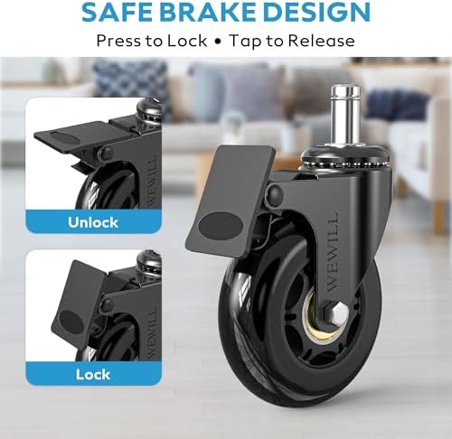 WEWILL Office Chair Wheels - Rubber Casters Replacement Universal Fit 98% Chair(Set of 5) Heavy Duty 3 Inch Smoothly & Quietly Safe for All Floor, Hardwood, Tile, Carpet, Noise Free - Glossy Black