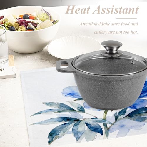 Shrahala Indigo Blue Hand Floral Bouquet Set of 8 12 X 18 Inch Linen Placemats, Watercolor White Flowers Burlap Table Mat Washable Double Layered Heat Insulation for Indoor/Outdoor
