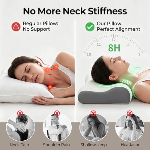 Neck Pillow Contour Memory Foam Pillows for Pain Relief Bed Pillow for Sleeping, Ergonomic Pillow for Neck and Shoulder Pain, Orthopedic Cervical Pillow for Side Back Stomach Sleeper (White&Grey)