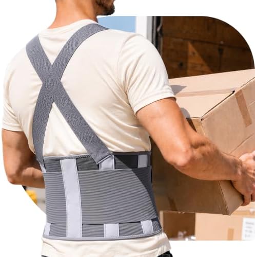 Work Back Brace for Men & Women, Adjustable Lower Back Support Belt for Sciatica, Herniated Disc, Pain Relief, Moving Construction Warehouse Heavy Lifting Safety & Protection (Grey, Large)