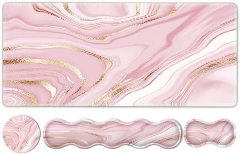 Gaming Mouse Pad Keyboard Wrist Support, 4 in1 Mousepad Set with Wrist Keyboard Rest, Computer Desk Mat, Non-Slip Desk Pad Protector with Memory Foam Easy Typing Pain Relief I Pink Gold Marble