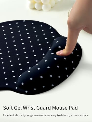 Seorsok Cute White Polka Dot Mouse Pad with Gel Wrist Support Mouse Pad,Ergonomic Aesthetic,Comfortable Mousepad for Office Game Work Computer,Pain Relief Mousepad with Non-Slip Silicone Base,Black