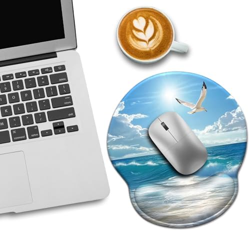 LIMKRIAN Beach Ocean Ergonomic Mouse Pad with Gel Wrist Rest, 9.8 x 8.6 in