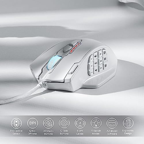 Redragon M908 Impact RGB LED MMO Gaming Mouse with 12 Side Buttons, Optical Wired Ergonomic Mouse with Max 12,400DPI, High Precision, 18 Programmable Macro Shortcuts, Comfort Grip, White