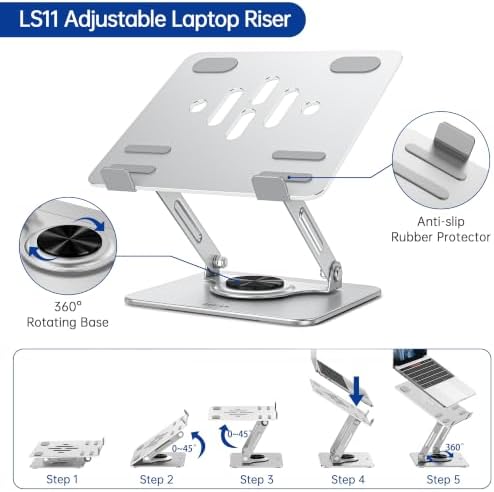 BESIGN Laptop Stand with 360° Rotating Base, Ergonomic Adjustable Notebook Riser, Foldable Computer Holder Compatible with 10-14" Laptops, LS11 Silver