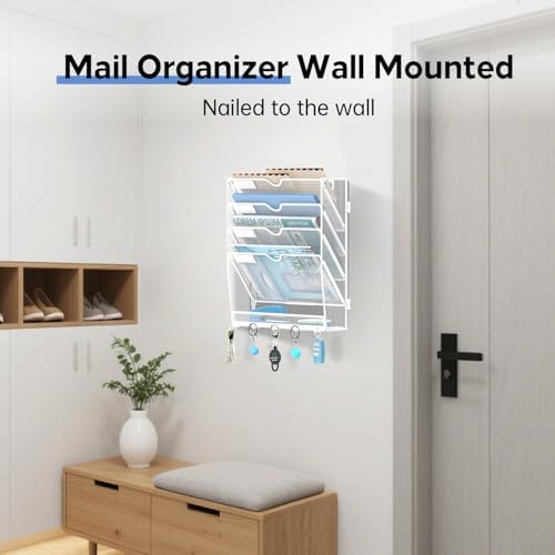5-Tier Wall File Organizer and Mail Organizer with 5 Hooks, White