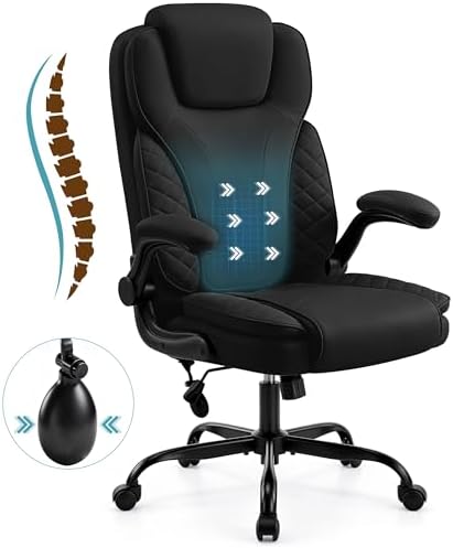 Ergonomic Office Chair, PU Leather High Back Executive Chair with Adjustable Inflatable Lumbar Support and Padded Flip-Up Arms, Recline Swivel Task Computer Chair for Home Office, Black