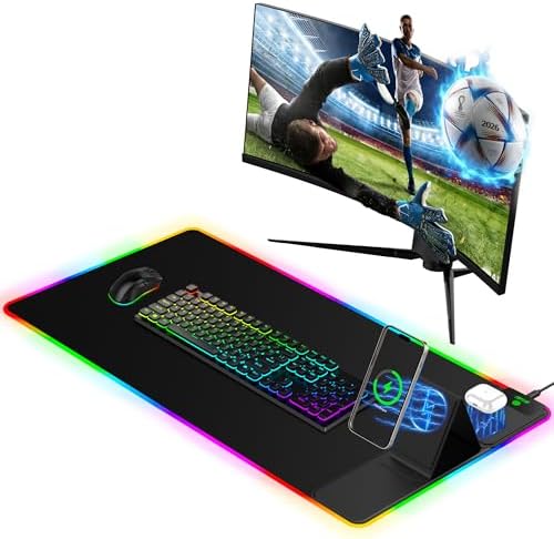 Mouse Pad with Foldable Phone Holder & Wireless Charger, XXL RGB Gaming Mousepad 31.5"x15.8" Large Desk Mat for Keyboard, Black Desk Pad with Dual Qi Charging Station | 11 Colors 5 Modes | Waterproof