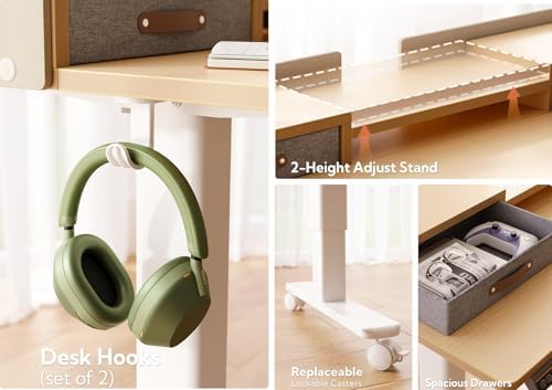Claiks Standing Desk with Drawers & Wheels, 2 Height Shelf 63" Natural