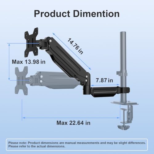 suptek Single Monitor Arm for Desk Mount Stand,Adjustable Monitor Arm for 17 to 32 inch Screen, Support Weight up to 22lbs, Mounting Holes 75x75mm to 100x100mm, ,Pneumatic Pole Mount Arm Black