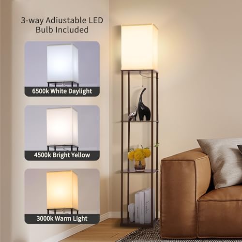 Gupuzm Floor Lamp with Shelves, Modern Square Standing Lamp with 3 Color Temperature Bulb, Corner Display Bookshelf Lamp for Living Room, Bedroom and Office(Brown-2 Pack)