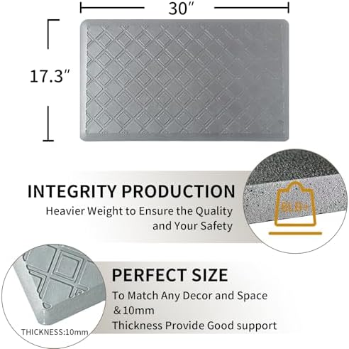 17.3 x 30 Inch Waterproof Anti Fatigue Comfort Kitchen Mat, Thick Non-Slip Standing Desk Mat, Commercial Pads for Offices, Home, Garages (Grey, 30" L x 17.3" W x 0.4" Th)
