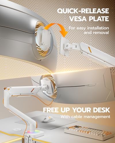 ARES WING 17-49 Inch Single Monitor Arm Monitor Mount with RGB, White