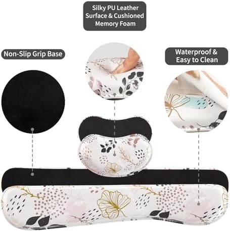 QiyI PU Leather Desk Mat Set, 4-in-1 Ergonomic Wrist Rest, Botanical Leaf