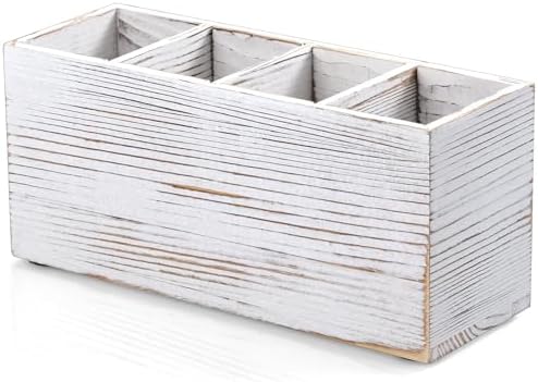 Pencil Pen Holder for Desk, White Washed Wood Office Desk Organizers and Accessories with 4 Slots for Countertop, Makeup Brush Holder Organizer for Bathroom Vanity, Silverware Caddy for Party