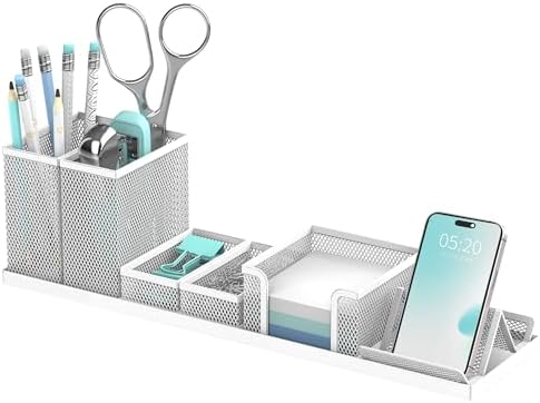 Pen Holder for Desk, 6-Piece Mesh Desk Organizer with Phone Holder, White