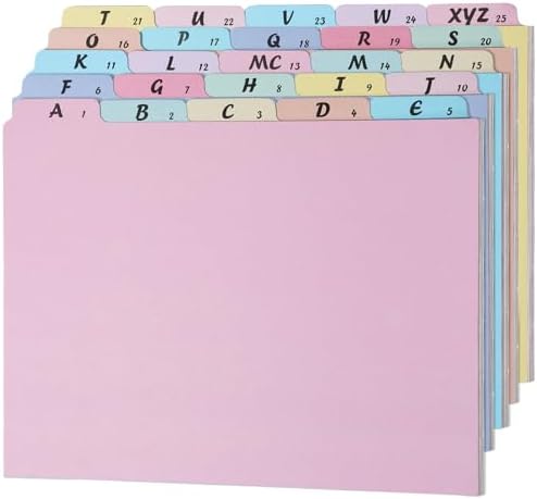 1 Set A-Z Alphabetic and Number Top Label Files, Legal Size, 25 Sheets File Dividers 1/5 Cut Label File Cabinet Dividers Desk Organizer for Office, Home and School (Candy Color)
