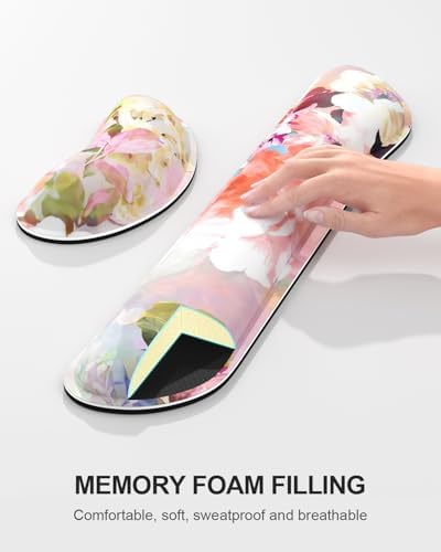 Auhoahsil Large Mouse Pad with Wrist Rests for Keyboard & Mouse, Thick Soft Ergonomic Memory Foam Wrist Supports, Big & Long Desk Mat 35.5 x 15.7 in, for Office Gaming Computer, Pink Flowers