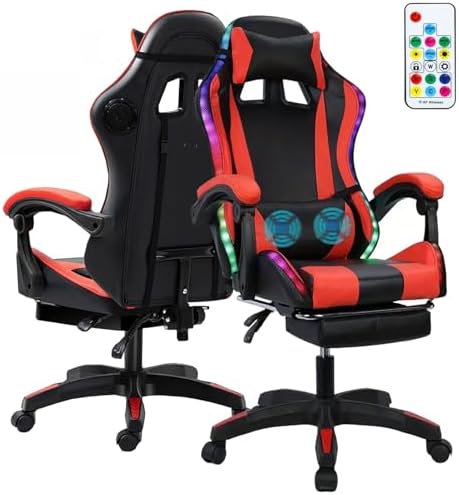 Gaming Chair with Bluetooth Speakers & Lights,Ergonomic High-Back Office Chair with Headrest & 135° Recline, 360° Swivel Height Adjustable Faux Leather Computer Chair for Gaming, Office & Study