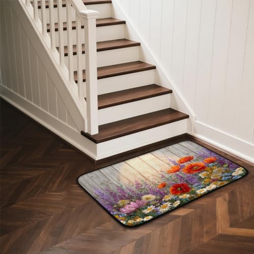 Spring Wildflowers Poppy Wood Door Mat Kitchen Mats, Indoor Outdoor Rugs, Cushioned Anti Fatigue Absorbent Kitchen Rug, Non-Slip Standing Desk Mat, Front Door Rug for Floor, Bathroom, Sink, 20"×39"