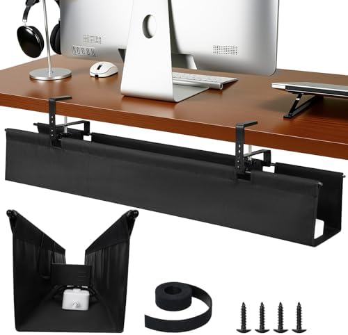 SHUWEI 48" Under Desk Cable Management Tray, Fabric, No-Drill Mount, Black