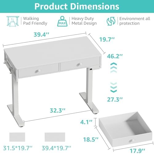 KLUVIS White Electric Standing Desk with Drawers, 39 Inch Small Adjustable Desk with Storage, Sit Stand Computer Study Writing Desks for Small Space Home Office, Stand Up Work Desks for Walking Pad
