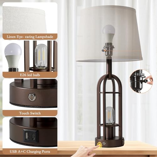 SRJJA 24" Farmhouse Touch Table Lamps for Living Room Set of 2 with USB A+C