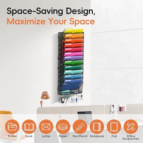 13-Tier Wall File Organizer with Hook, Hanging File Organizer Black