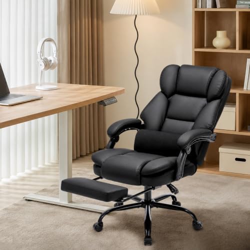600LBS Executive Office Chair with FootRest for Heavy People High Back Ergonomic Gaming Chair with Lumbar Support Reclining Home Office Desk Chair with Pocket Spring Cushion Breathable Leather (BLACK)