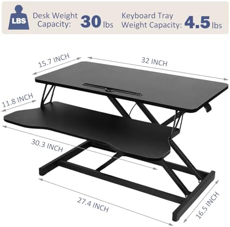 Instant Ergonomic Standing Desk Converter - 32" Wide, No Assembly, Sit-Stand Workstation for Pain Relief & Productivity (Black)