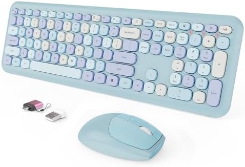 SkyGive Wireless Keyboard and Mouse Combo, Colorful Ergonomic Full Size Quiet Retro Low-Noise Keyboard with Cute Keycaps, Slim Design for Windows PC, Perfect for Home and Office (Serene Light Blue)