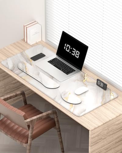 Auhoahsil Large Mouse Pad with Wrist Rests for Keyboard & Mouse, Thick Soft Ergonomic Memory Foam Wrist Supports, Big & Long Desk Mat 35.5 x 15.7 in, for Office Gaming Computer, White Gold Marble