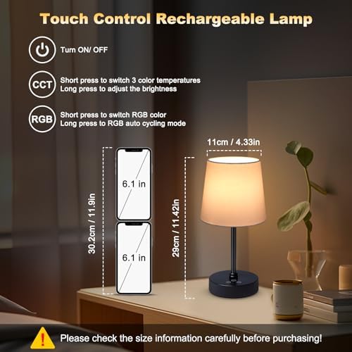 Wowag Cordless Table Lamp,5000mAh Rechargeable Battery Operated Desk Lamp,3Colors & 7 RGB Stepless Dimmable, Portable Small Touch Fabric Shade LED Night Light for Patio Restaurant Home(White)