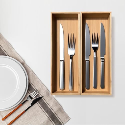 guiogc Bamboo Drawer Silverware Organizer, Silverware Tray, Flatware Organizer, Bamboo Storage Box Suitable for Office, Bathroom and other objects storage (9.85"x3.55"x1.78"- Set of 2)