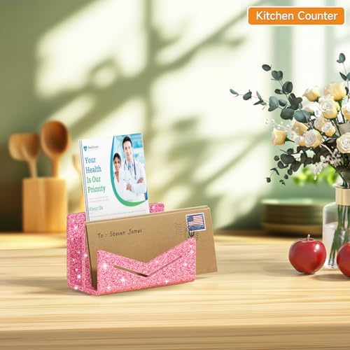 Beego Envelope and Mail Organizer Countertop - 2 Compartments Glitter Pink Acrylic Desk Organizer Letter Holder Desktop File Sorter Bill Document Folder Rack for Office, Home, School